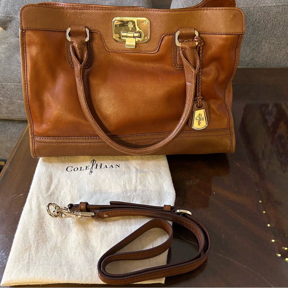 Cole Haan | Vintage Valise Kendra E/W Tote Brown Leather Vibrant Orange Lining - Picture 2 of 16